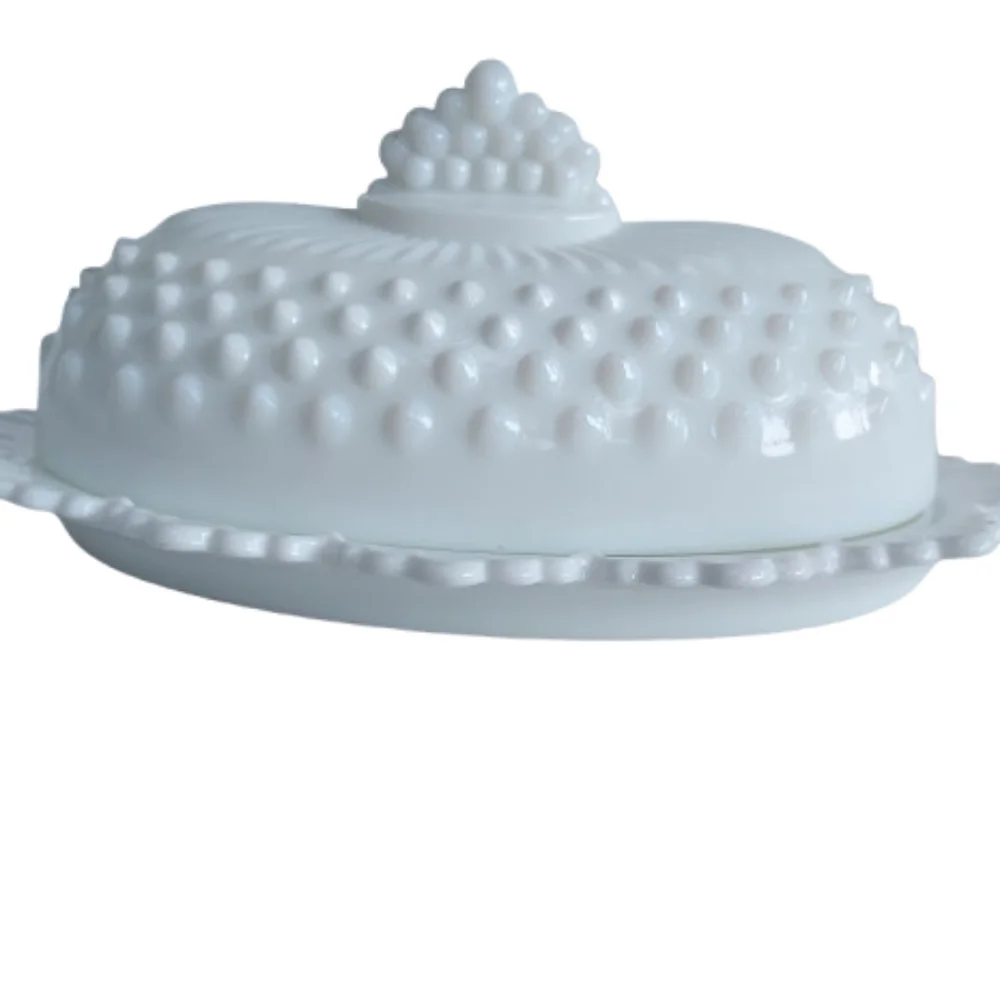 Vintage Milk Glass Butter Dish with Hobnail Detail VTG